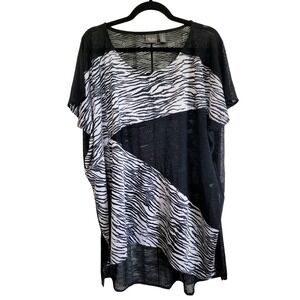 Chico's Travelers 2 Top Black/White Zebra Print SS Semi‎ Sheer Oversz Hi-Lo NEW